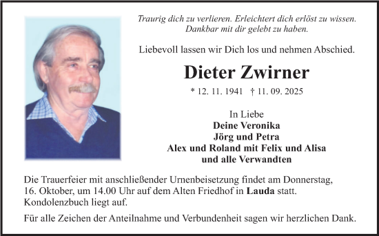 Traueranzeige von Dieter Zwirner von Fränkische Nachrichten