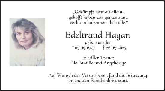 Traueranzeige von Edeltraud Hagan von Mannheimer Morgen