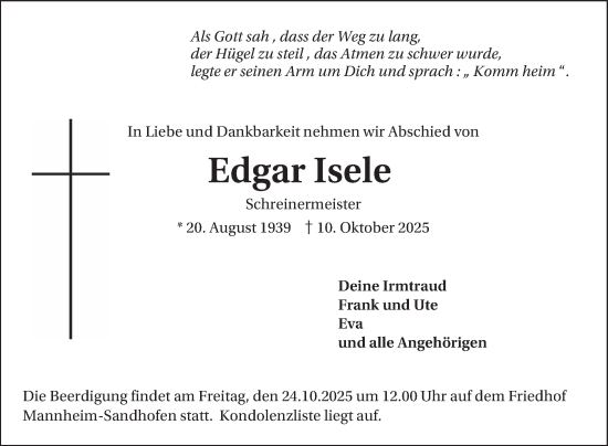 Traueranzeige von Edgar Isele von Mannheimer Morgen