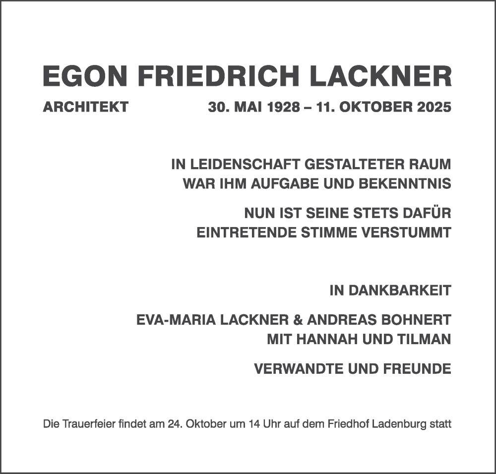  Traueranzeige für Egon Friedrich Lackner vom 18.10.2025 aus Mannheimer Morgen