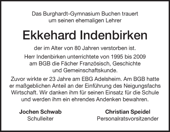 Traueranzeige von Ekkehard Indenbirken von Fränkische Nachrichten