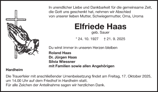 Traueranzeige von Elfriede Haas von Fränkische Nachrichten