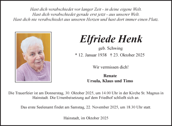 Traueranzeige von Elfriede Henk von Fränkische Nachrichten