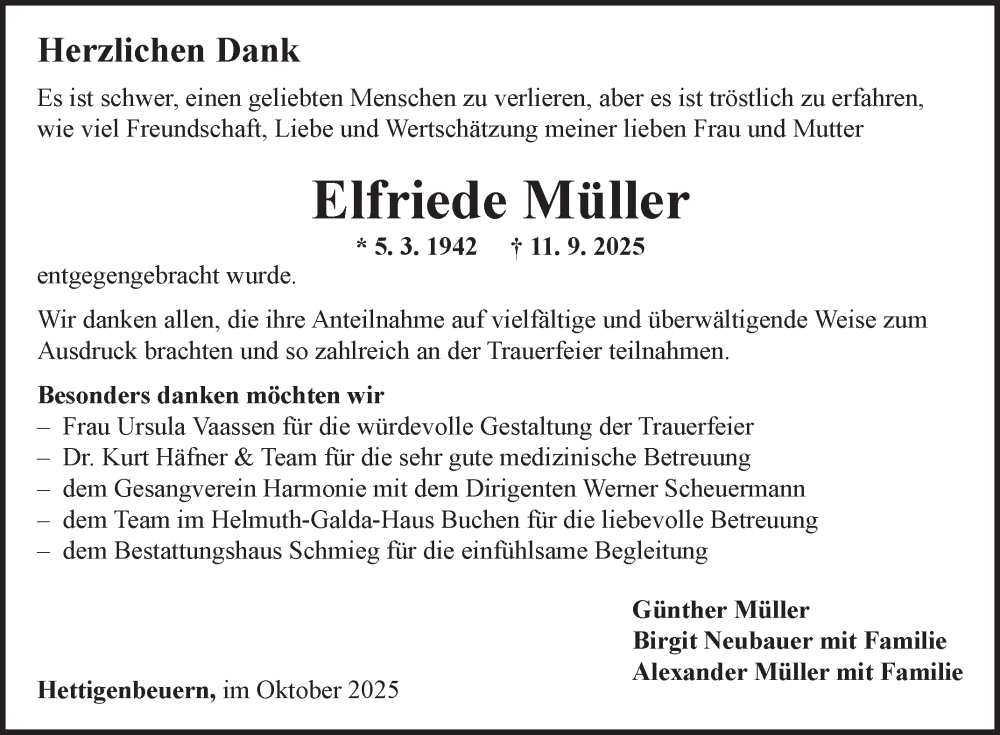 Traueranzeige für Elfriede Müller vom 18.10.2025 aus Fränkische Nachrichten