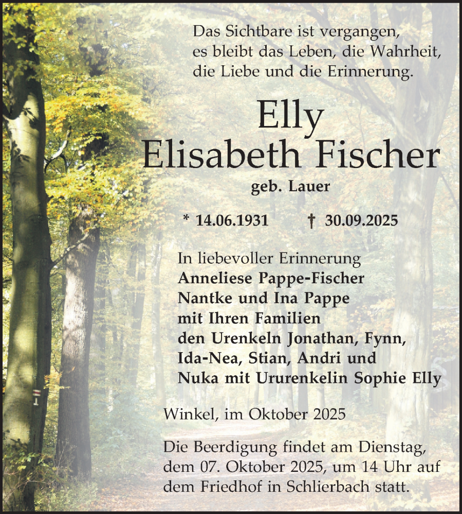  Traueranzeige für Elisabeth Fischer vom 04.10.2025 aus Bergsträßer Anzeiger