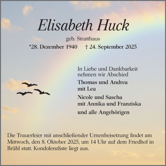 Traueranzeige von Elisabeth Huck von Schwetzinger Zeitung