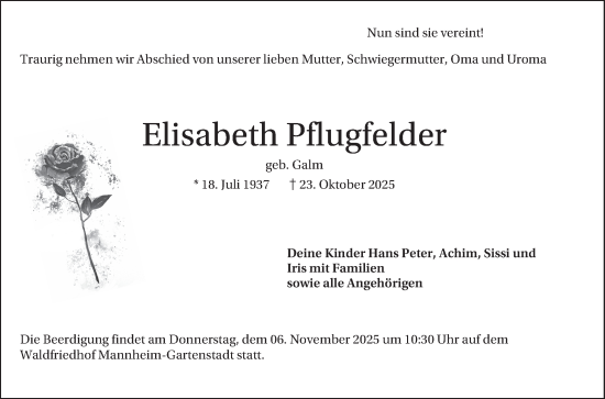 Traueranzeige von Elisabeth Pflugfelder von Mannheimer Morgen