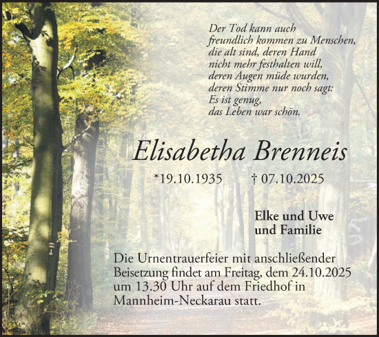 Traueranzeige von Elisabetha Brenneis von Mannheimer Morgen