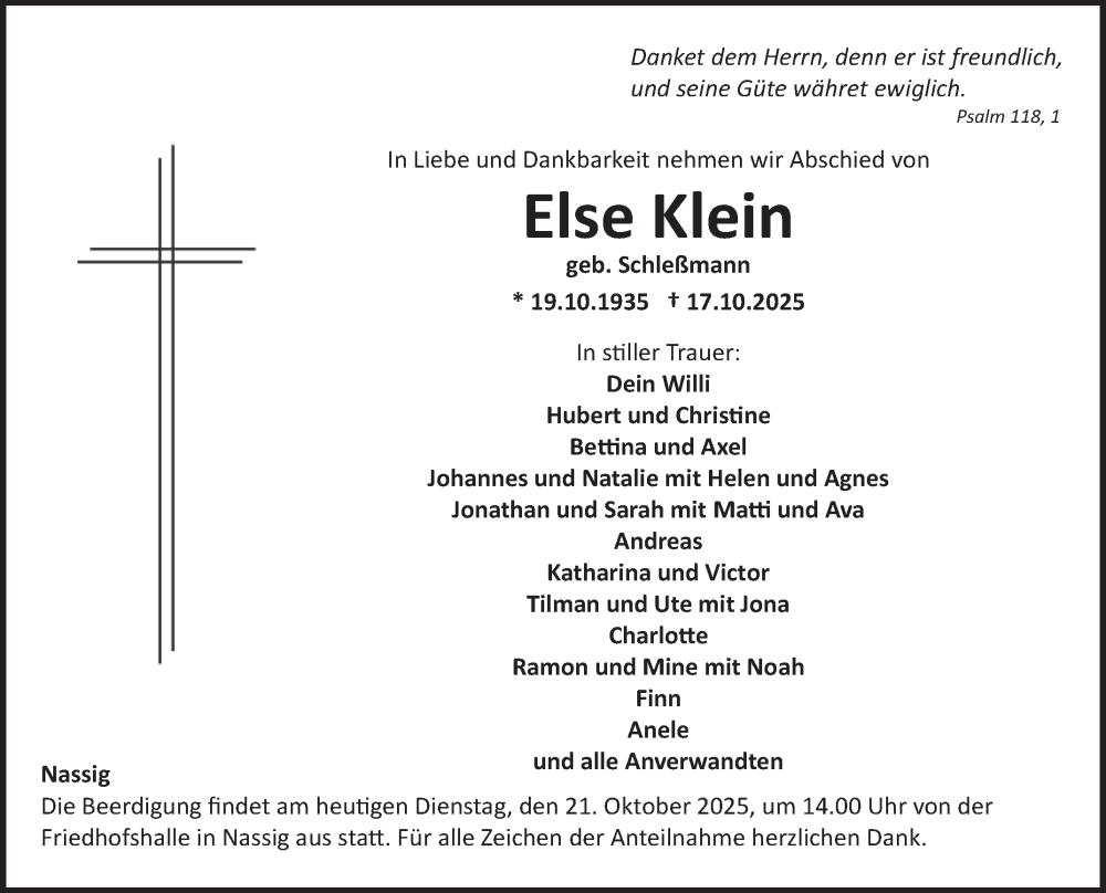  Traueranzeige für Else Klein vom 21.10.2025 aus Fränkische Nachrichten