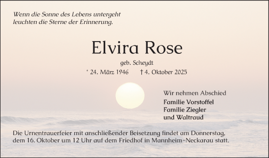 Traueranzeige von Elvira Rose von Mannheimer Morgen