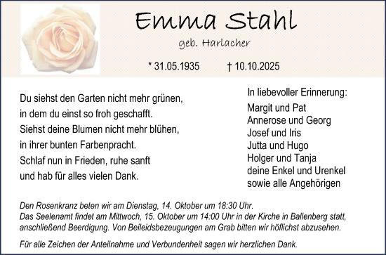Traueranzeige von Emma Stahl von Fränkische Nachrichten