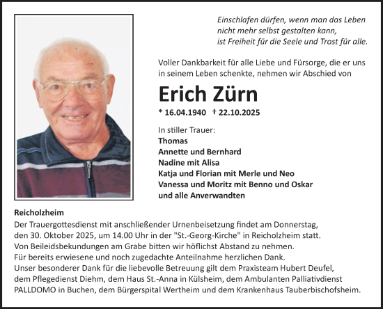 Traueranzeige von Erich Zürn von Fränkische Nachrichten
