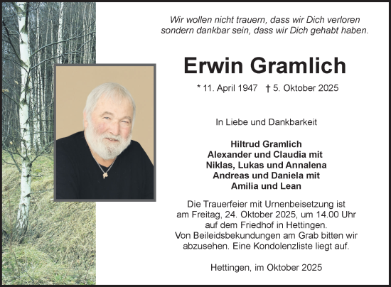 Traueranzeige von Erwin Gramlich von Fränkische Nachrichten