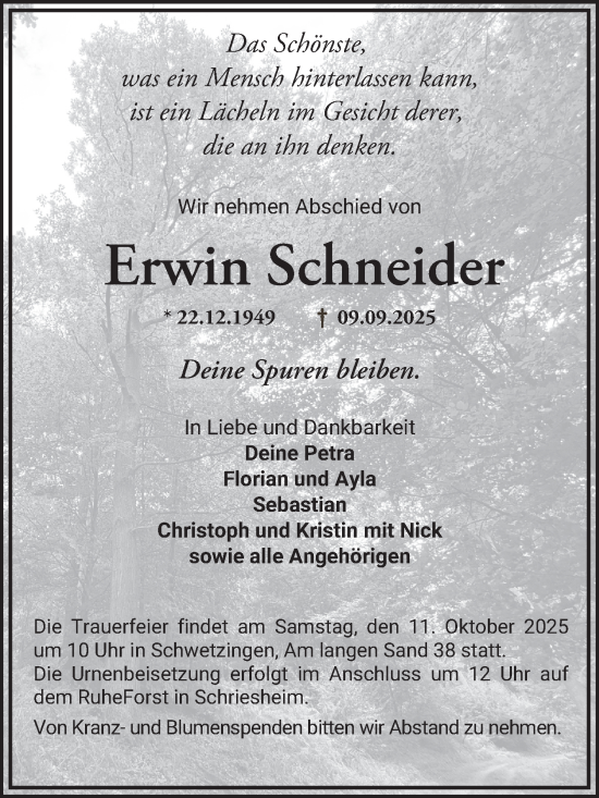 Traueranzeige von Erwin Schneider von Schwetzinger Zeitung
