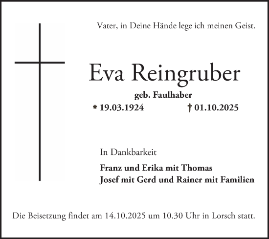 Traueranzeige von Eva Reingruber von Bergsträßer Anzeiger