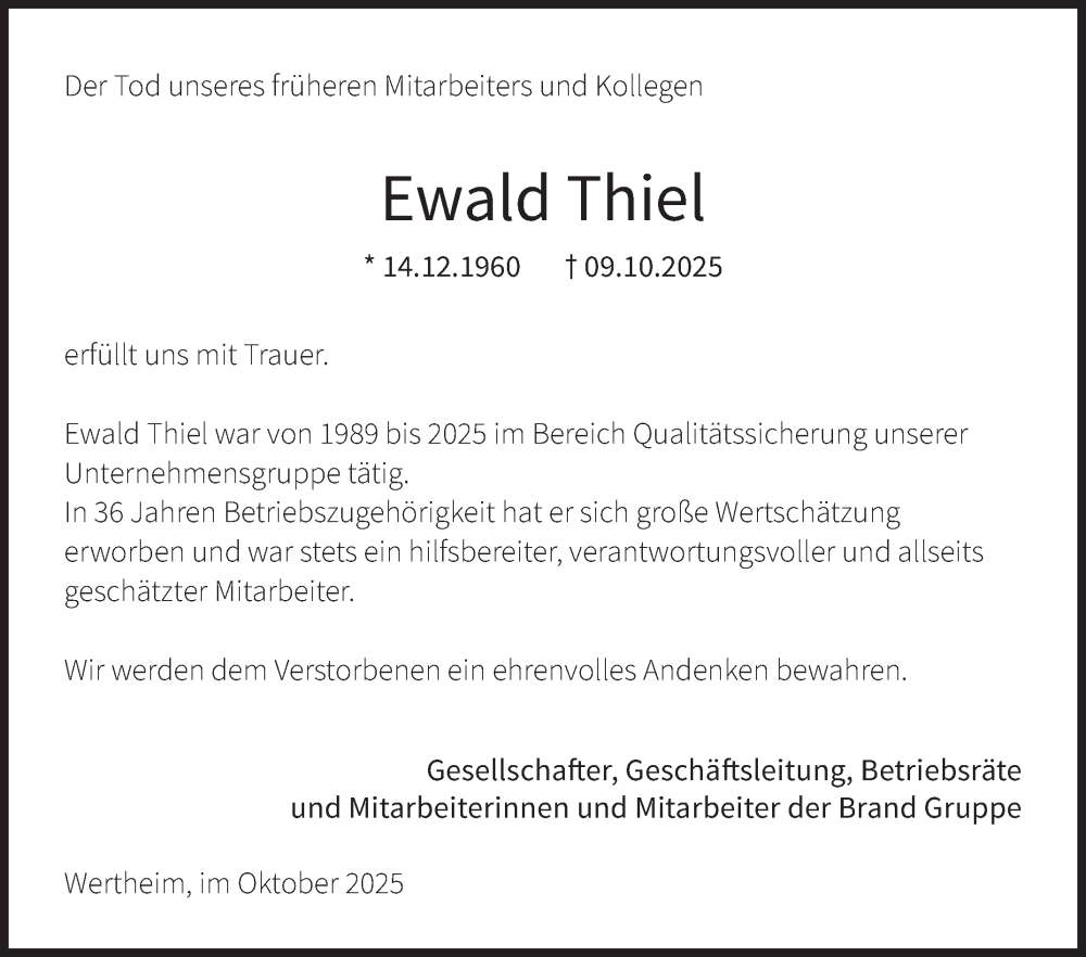  Traueranzeige für Ewald Thiel vom 16.10.2025 aus Fränkische Nachrichten