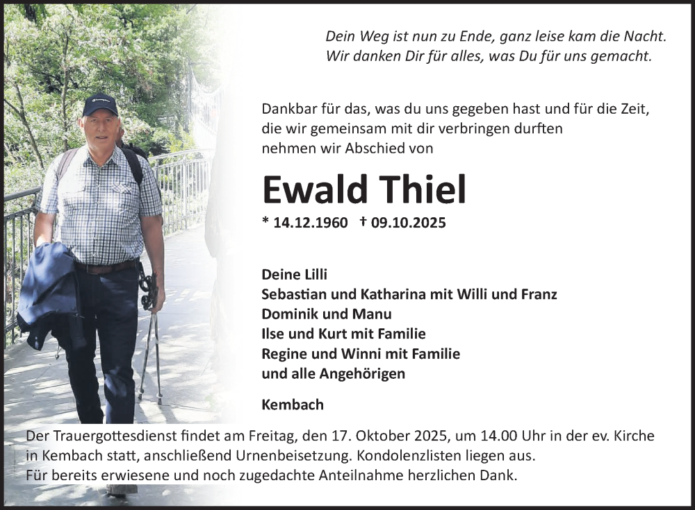  Traueranzeige für Ewald Thiel vom 14.10.2025 aus Fränkische Nachrichten