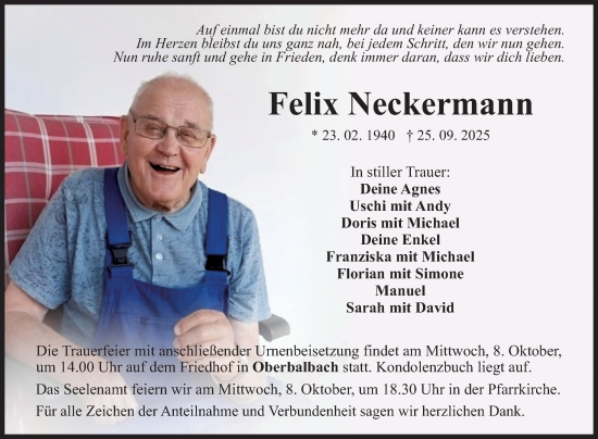 Traueranzeige von Felix Neckermann von Fränkische Nachrichten