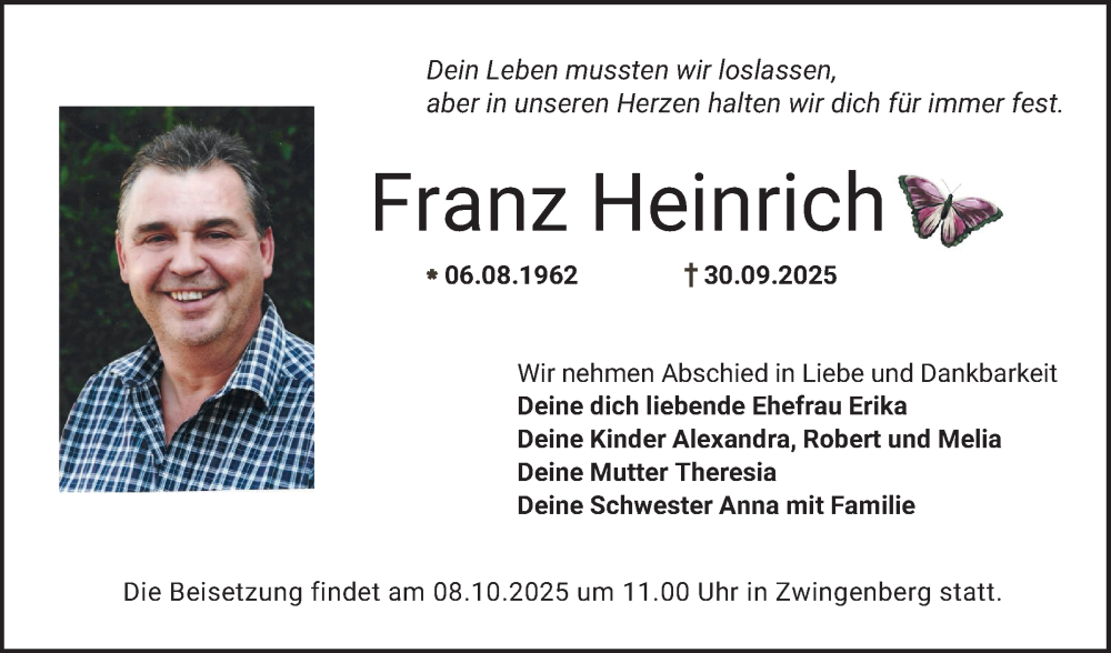 Traueranzeige für Franz Heinrich vom 04.10.2025 aus Bergsträßer Anzeiger