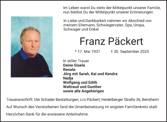 Traueranzeige von Franz Päckert von Bergsträßer Anzeiger