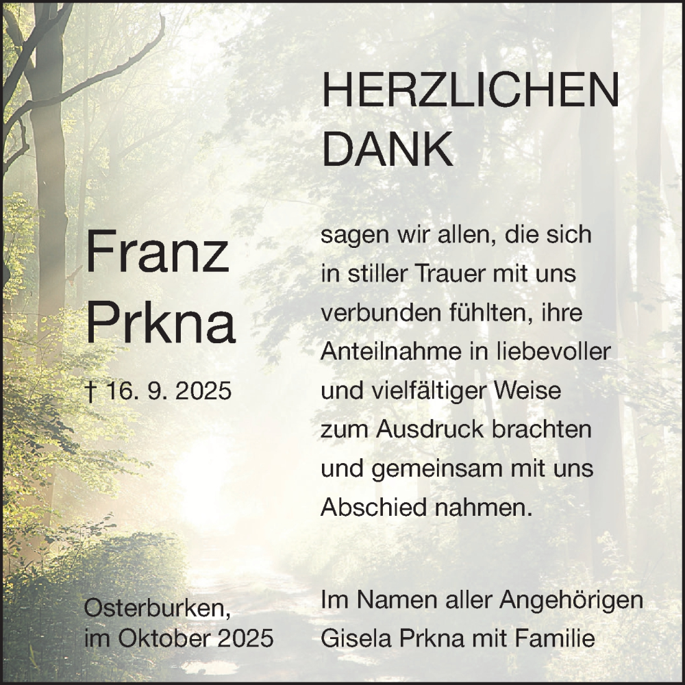  Traueranzeige für Franz Prkna vom 04.10.2025 aus Fränkische Nachrichten