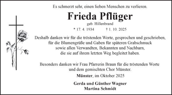 Traueranzeige von Frieda Pflüger von Fränkische Nachrichten