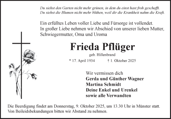 Traueranzeige von Frieda Pflüger von Fränkische Nachrichten