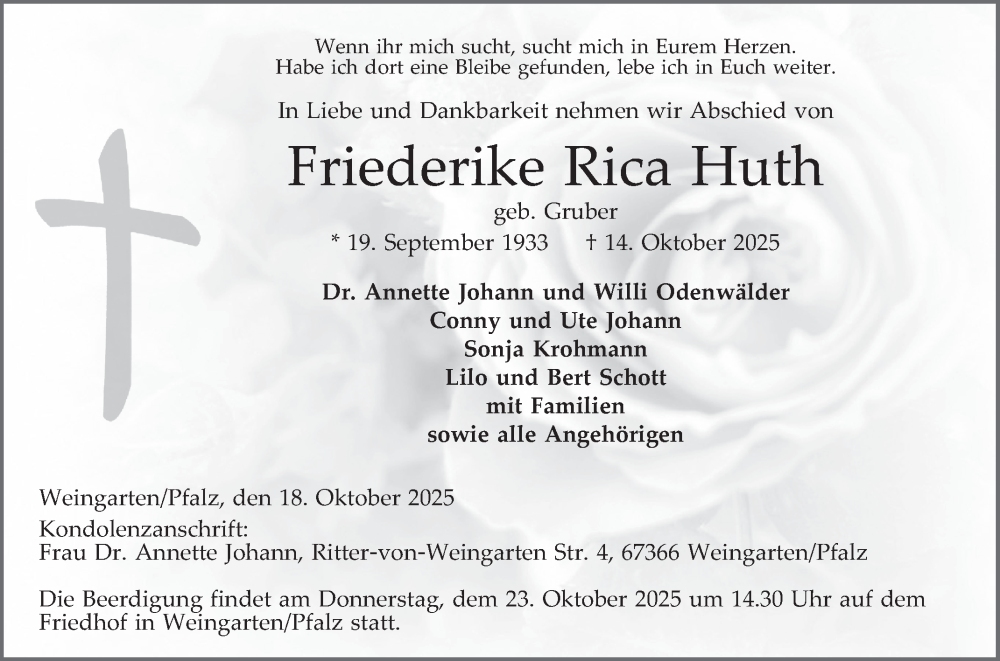  Traueranzeige für Friederike Rica Huth vom 18.10.2025 aus Mannheimer Morgen