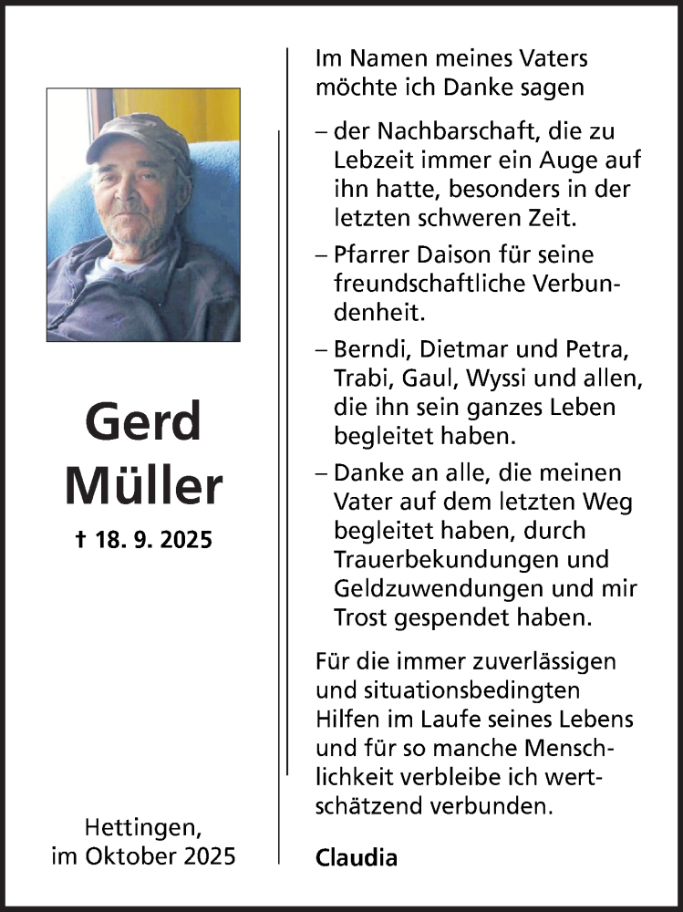  Traueranzeige für Gerd Müller vom 11.10.2025 aus Fränkische Nachrichten