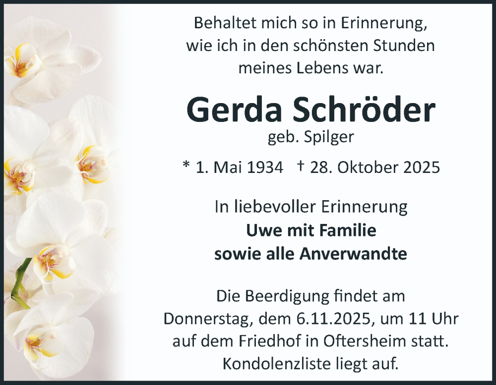  Traueranzeige für Gerda Schröder vom 31.10.2025 aus Schwetzinger Zeitung