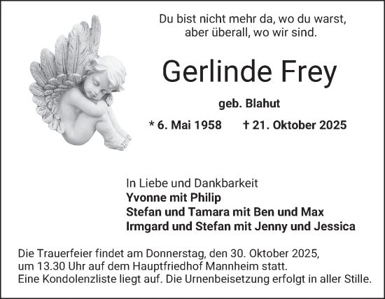 Traueranzeige von Gerlinde Frey von Mannheimer Morgen