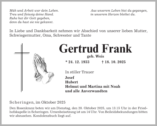 Traueranzeige von Gertrud Frank von Fränkische Nachrichten