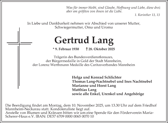 Traueranzeige von Gertrud Lang von Mannheimer Morgen