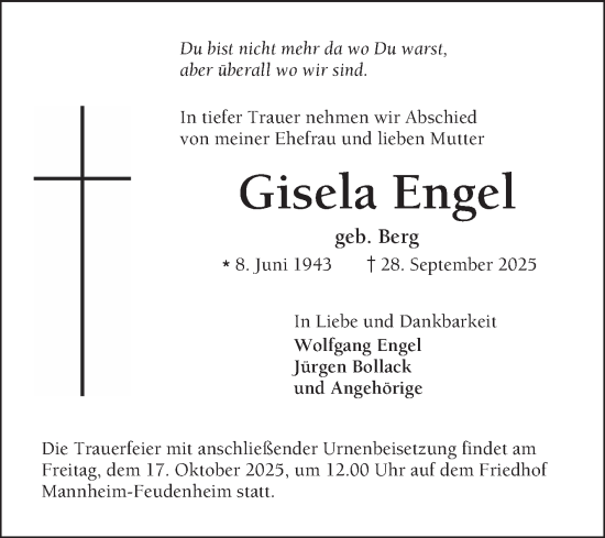 Traueranzeige von Gisela Engel von Mannheimer Morgen