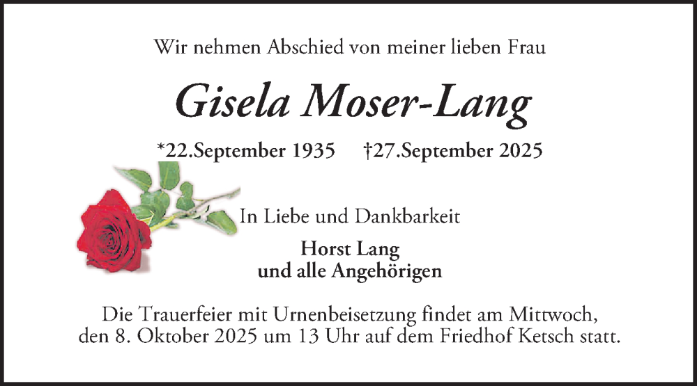  Traueranzeige für Gisela Moser-Lang vom 04.10.2025 aus Schwetzinger Zeitung