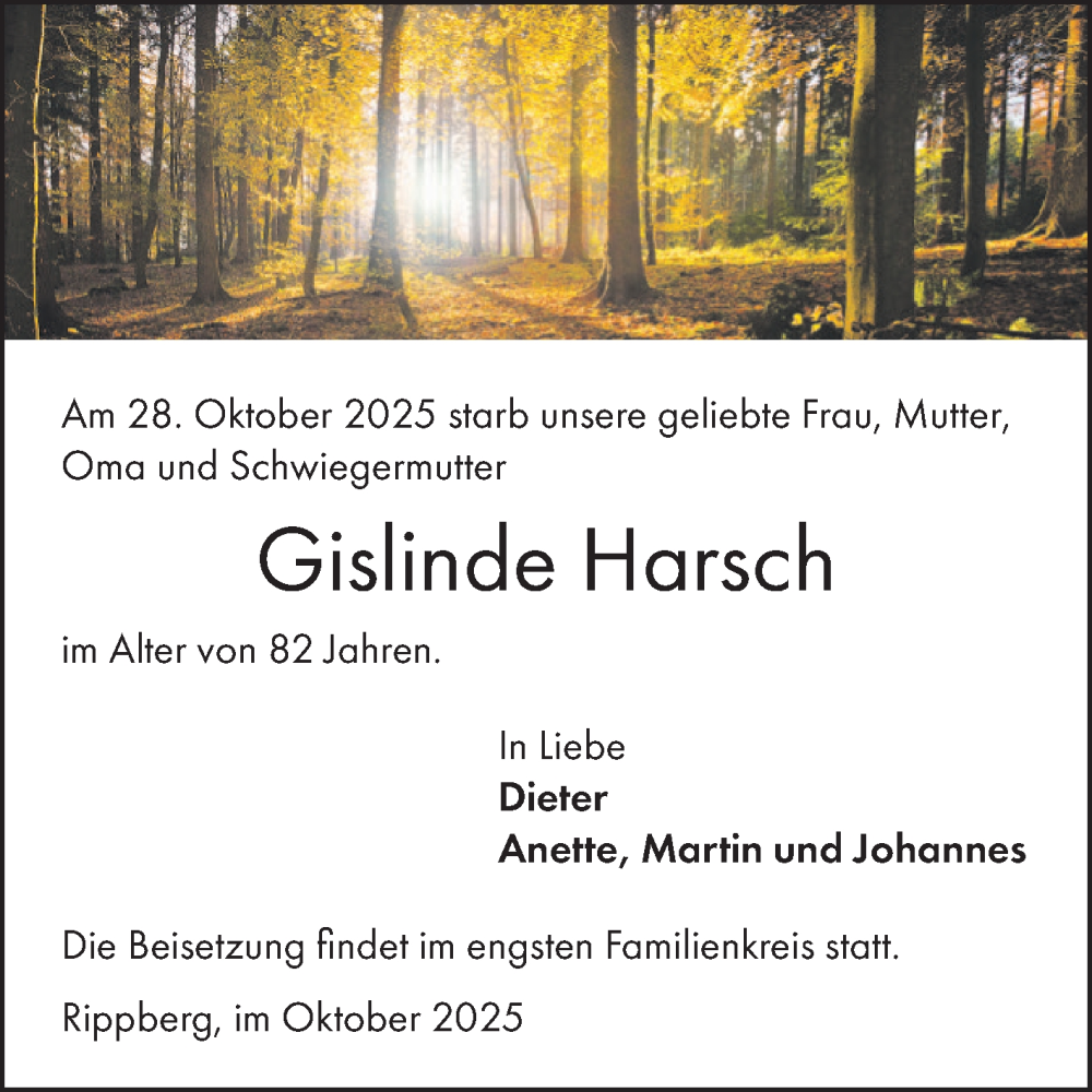  Traueranzeige für Gislinde Harsch vom 30.10.2025 aus Fränkische Nachrichten