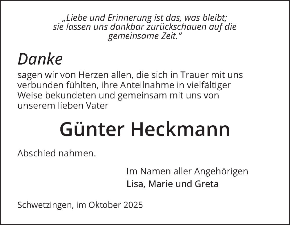  Traueranzeige für Günter Heckmann vom 11.10.2025 aus Schwetzinger Zeitung
