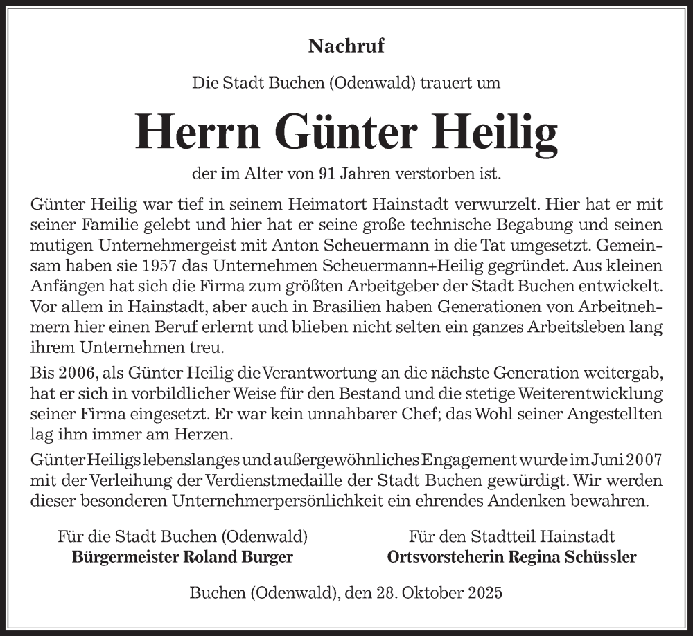  Traueranzeige für Günter Heilig vom 28.10.2025 aus Fränkische Nachrichten
