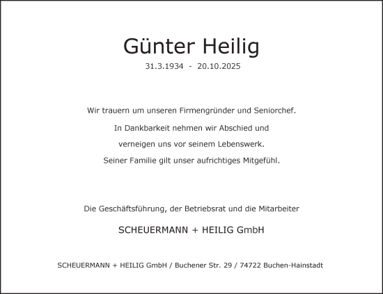 Traueranzeige von Günter Heilig von Fränkische Nachrichten
