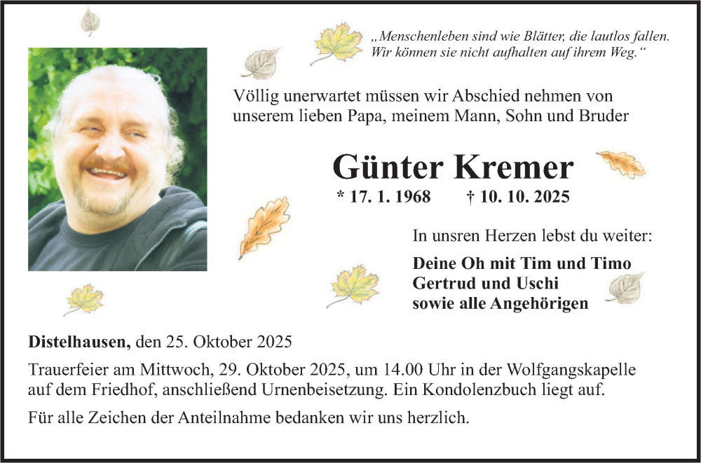  Traueranzeige für Günter Kremer vom 25.10.2025 aus Fränkische Nachrichten