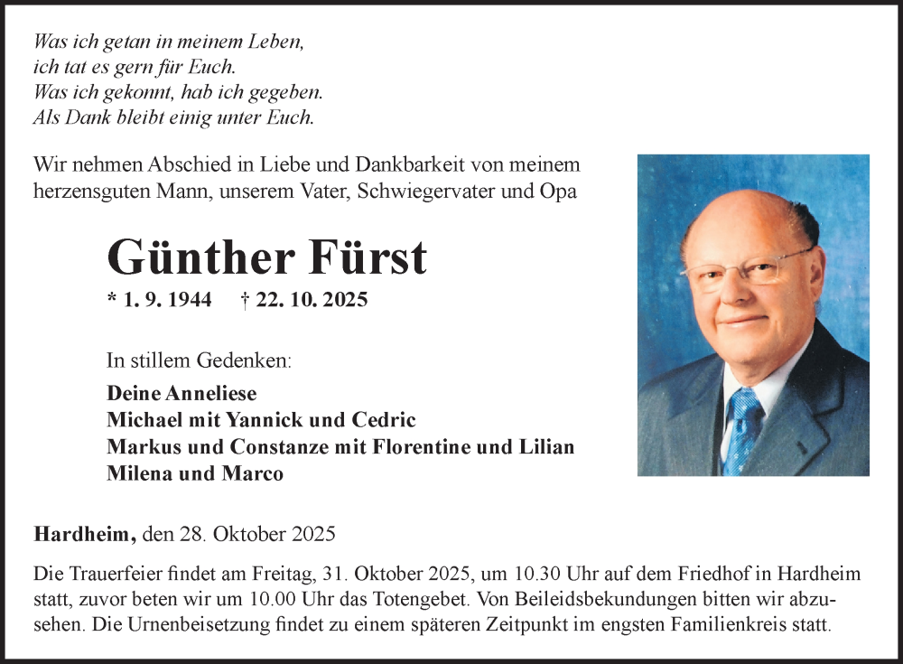  Traueranzeige für Günther Fürst vom 28.10.2025 aus Fränkische Nachrichten