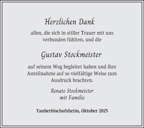 Traueranzeige von Gustav Stockmeister von Fränkische Nachrichten