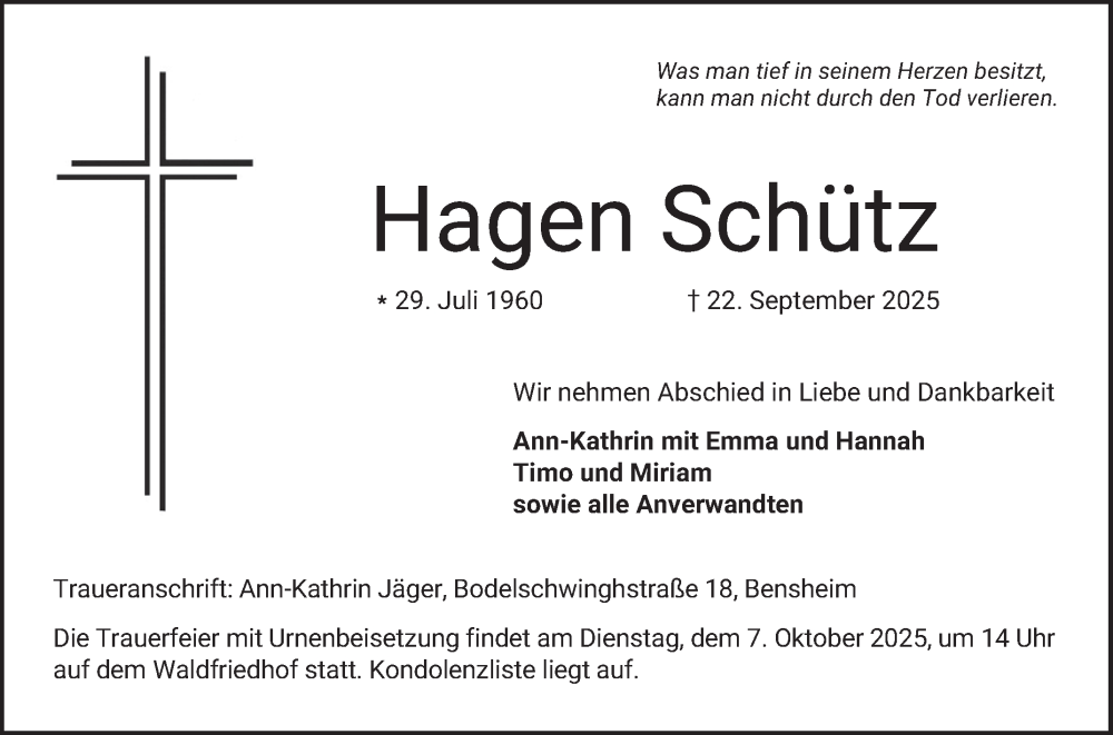  Traueranzeige für Hagen Schütz vom 04.10.2025 aus Bergsträßer Anzeiger