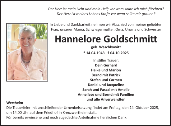 Traueranzeige von Hannelore Goldschmitt von Fränkische Nachrichten