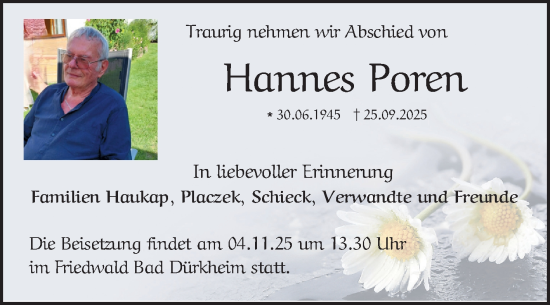 Traueranzeige von Hannes Poren von Mannheimer Morgen