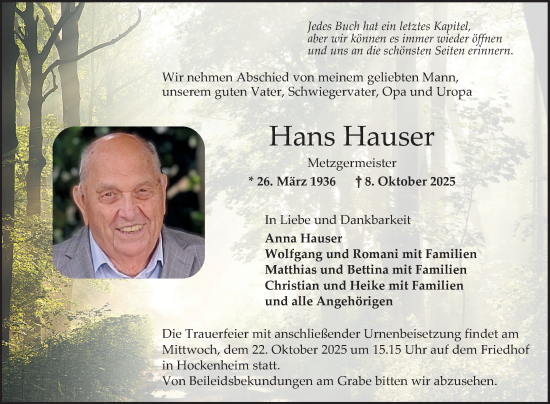 Traueranzeige von Hans Hauser von Schwetzinger Zeitung