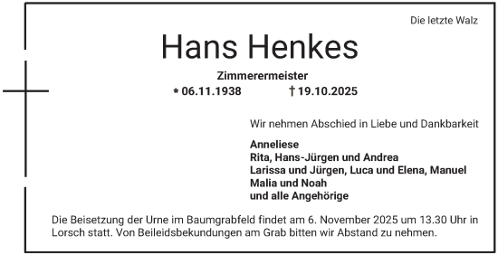 Traueranzeige von Hans Henkes von Bergsträßer Anzeiger