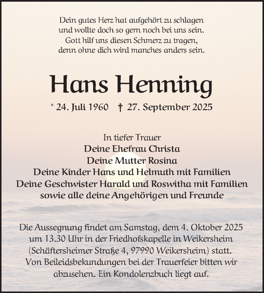  Traueranzeige für Hans  Henning vom 02.10.2025 aus Fränkische Nachrichten