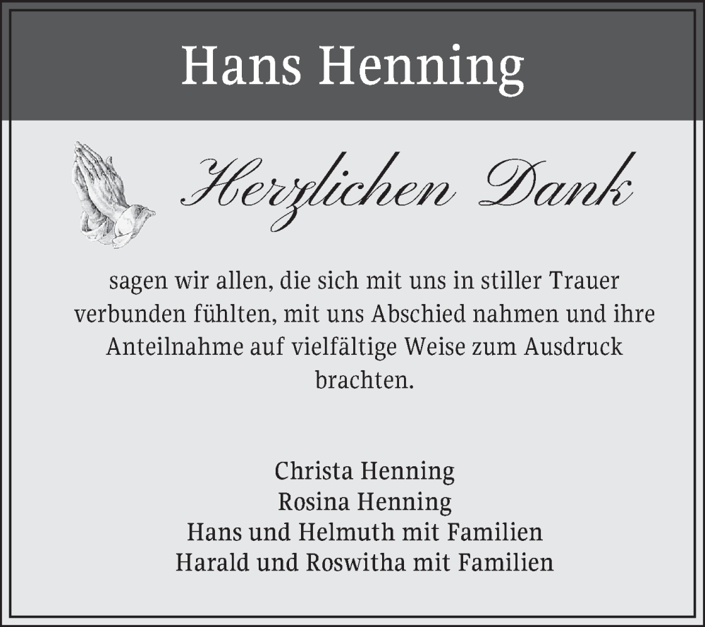  Traueranzeige für Hans  Henning vom 21.10.2025 aus Fränkische Nachrichten