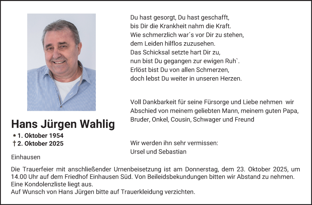  Traueranzeige für Hans Jürgen Wahlig vom 18.10.2025 aus Bergsträßer Anzeiger
